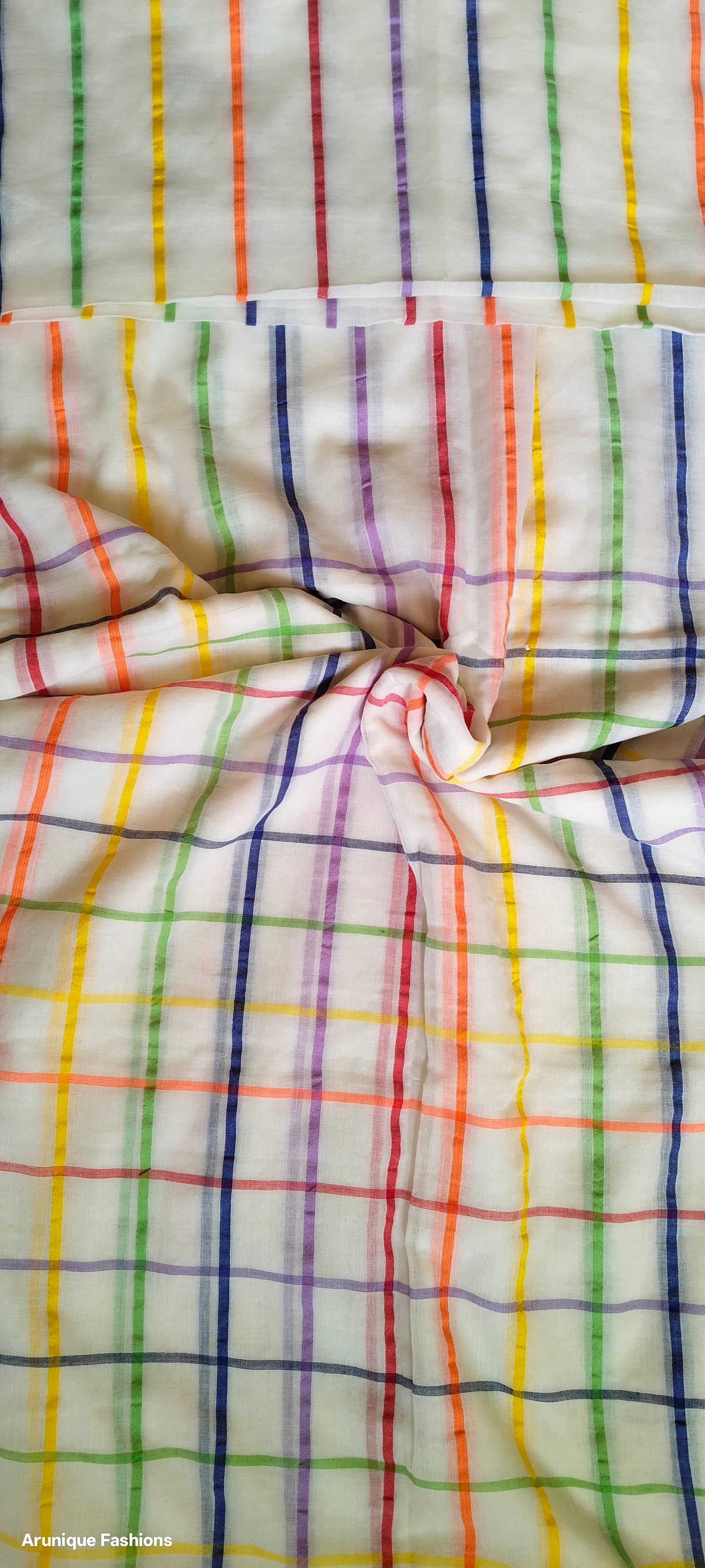 Off-White Base Rainbow Checks Mul Cotton Saree - Close-up Fabric Texture