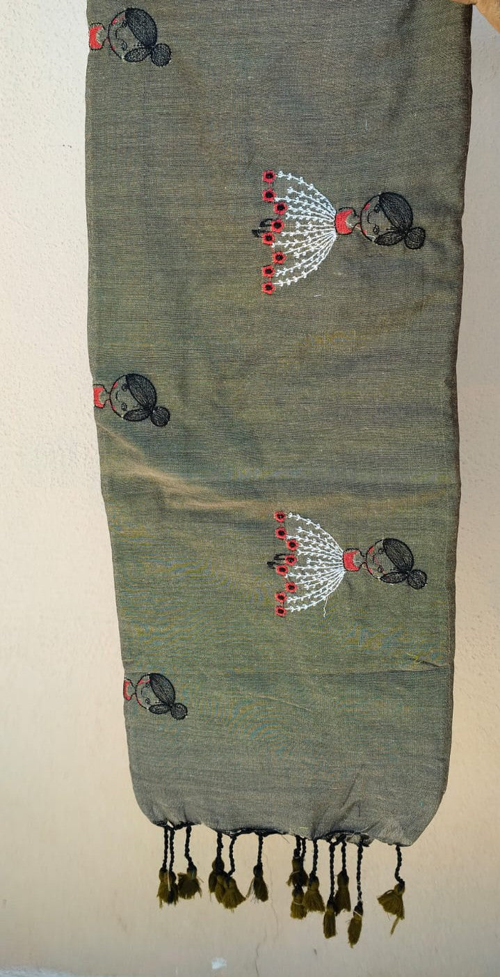 Snuff Brown Baby Doll Print Khadi Cotton Saree - Close-up Fabric Texture