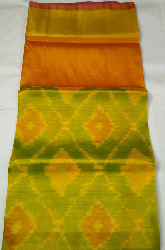 Yellow Orange Green Semi-Silk Ikat Saree - Pallu Detail