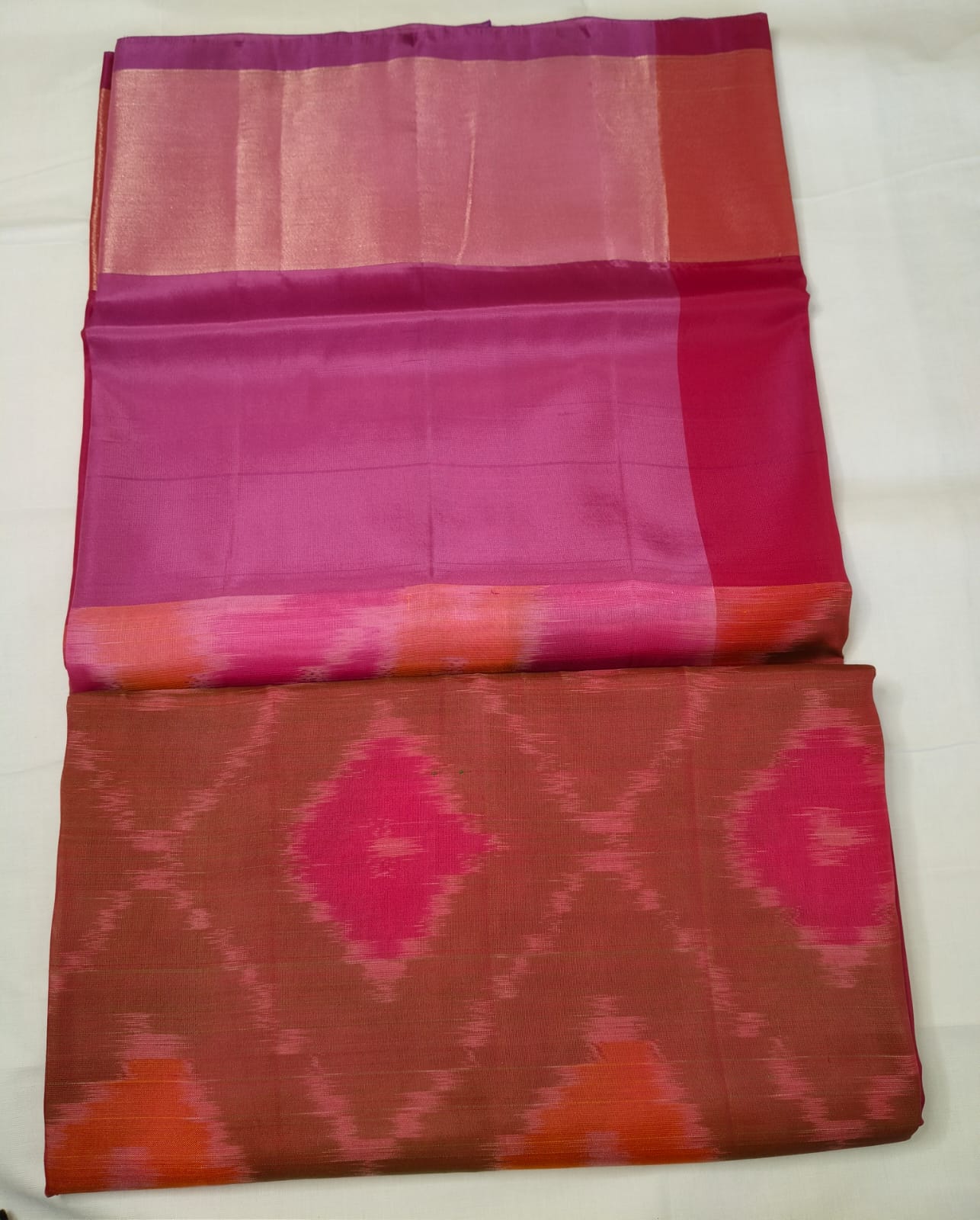 Pink & Orange Ikat Semi-Silk Saree - Body and Pallu Detail View
