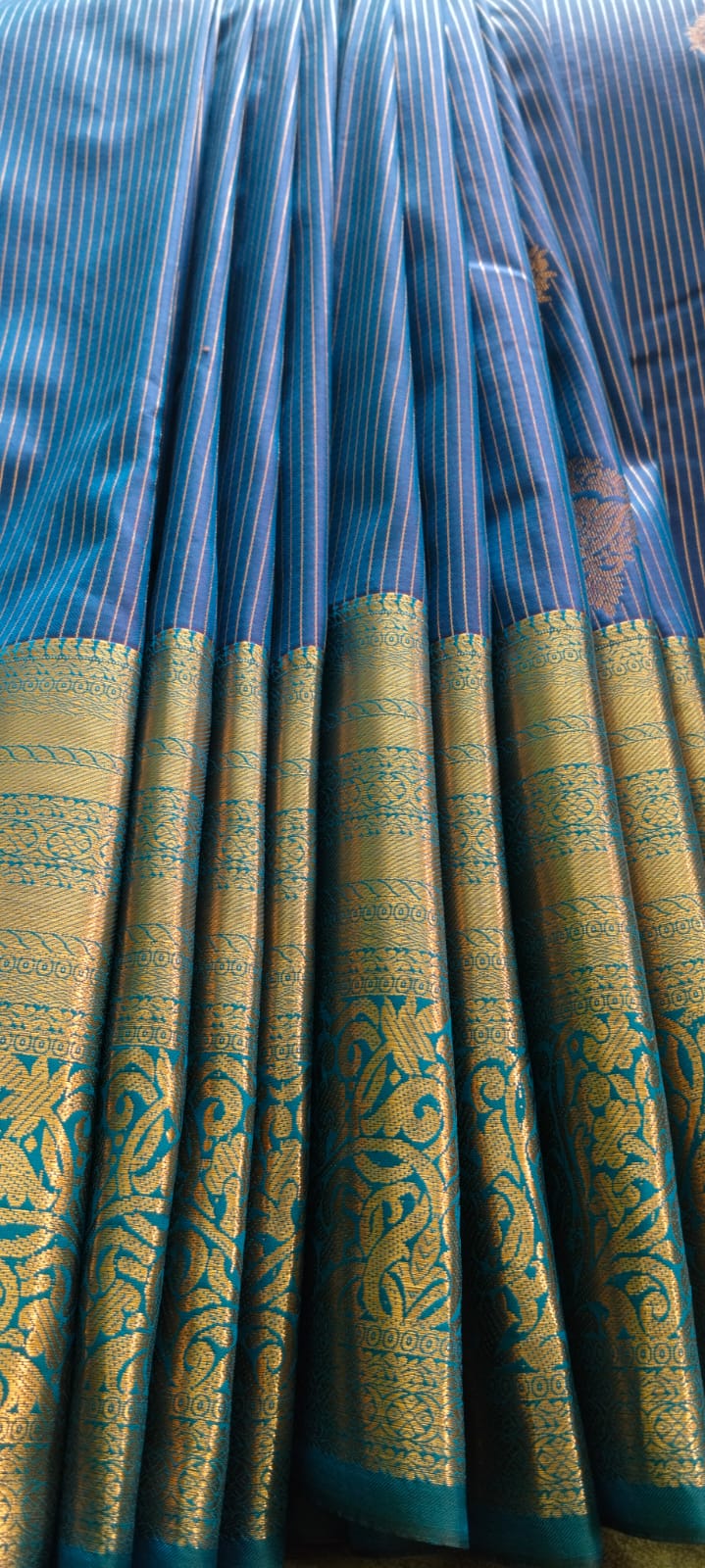 Teal Blue Striped Saree with Golden Zari Floral Motifs & Border - Pleats Detail