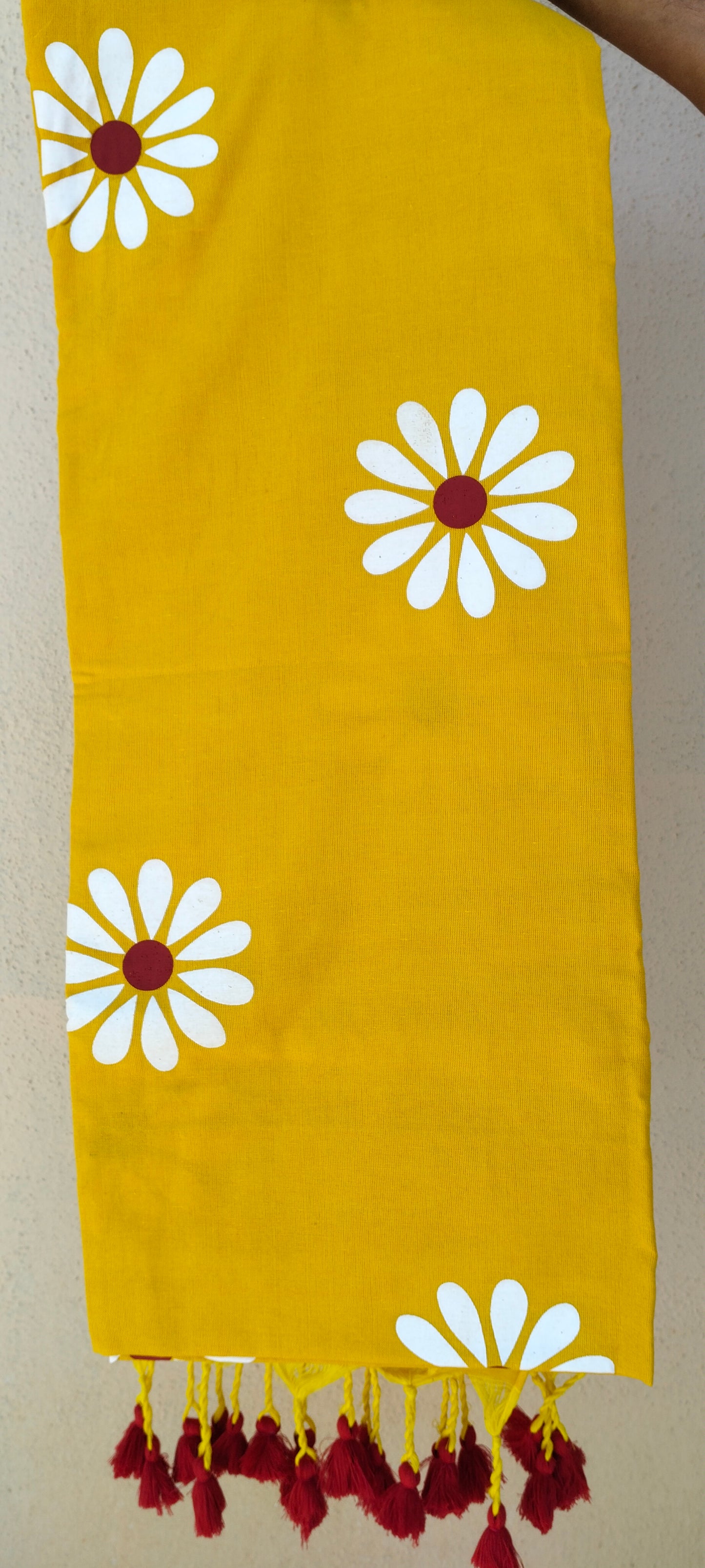 Yellow Sunflower Print Khadi Cotton Saree - Close-up Fabric Texture with Block Print Pattern