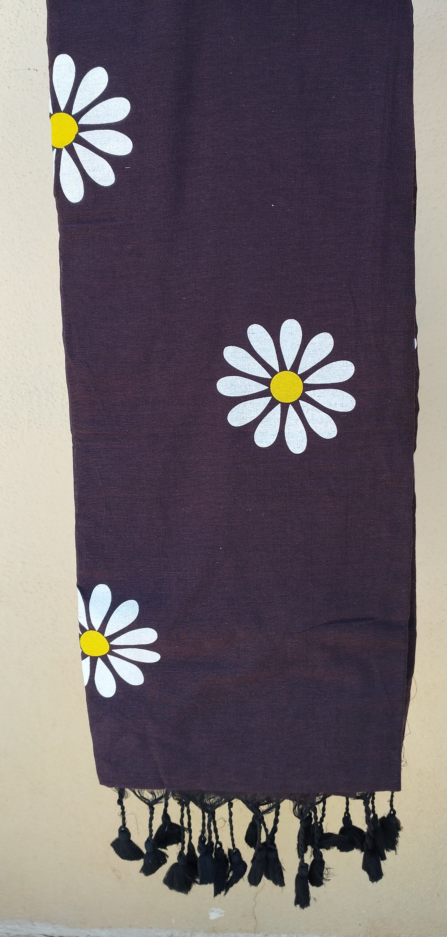 Burgundy Sunflower Print Khadi Cotton Saree - Close-up Fabric Texture