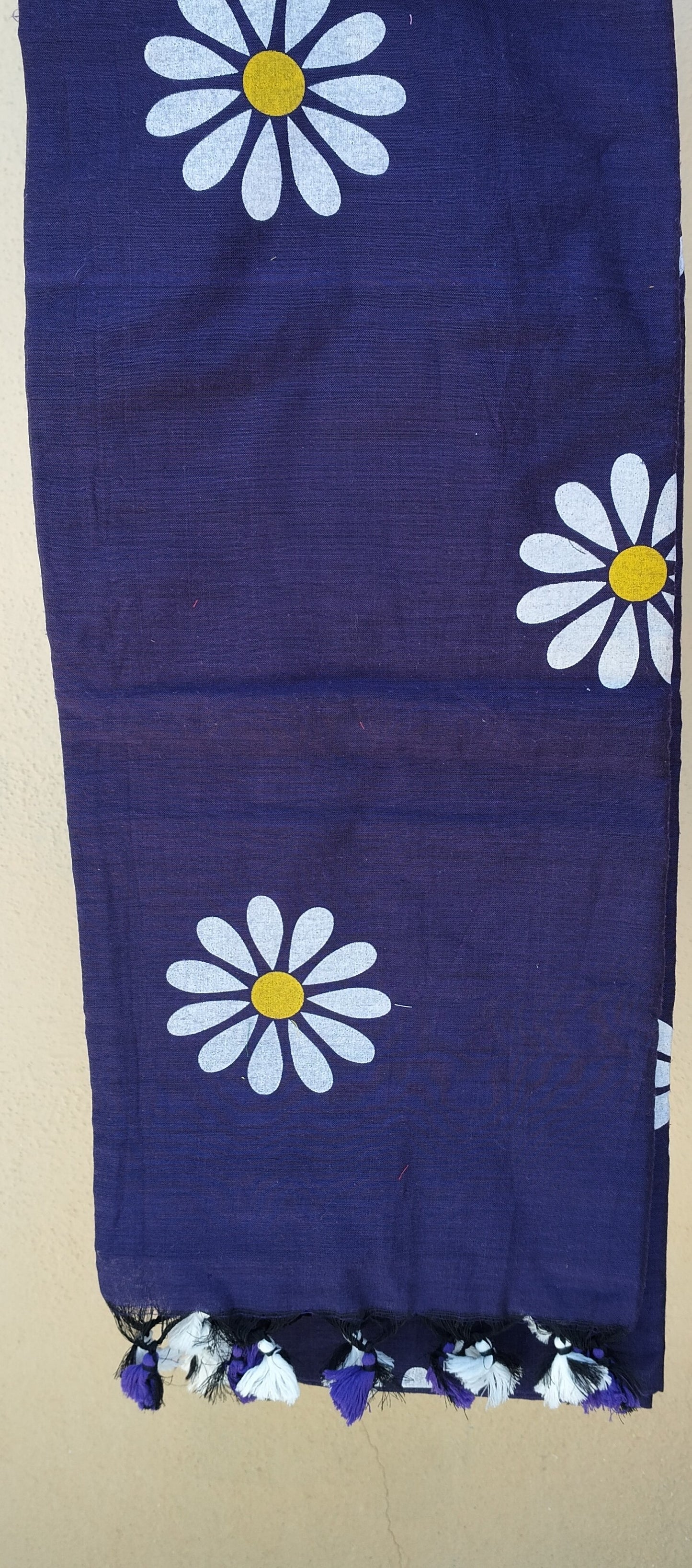Indigo Blue Sunflower Print Khadi Cotton Saree - Close-up Fabric Texture