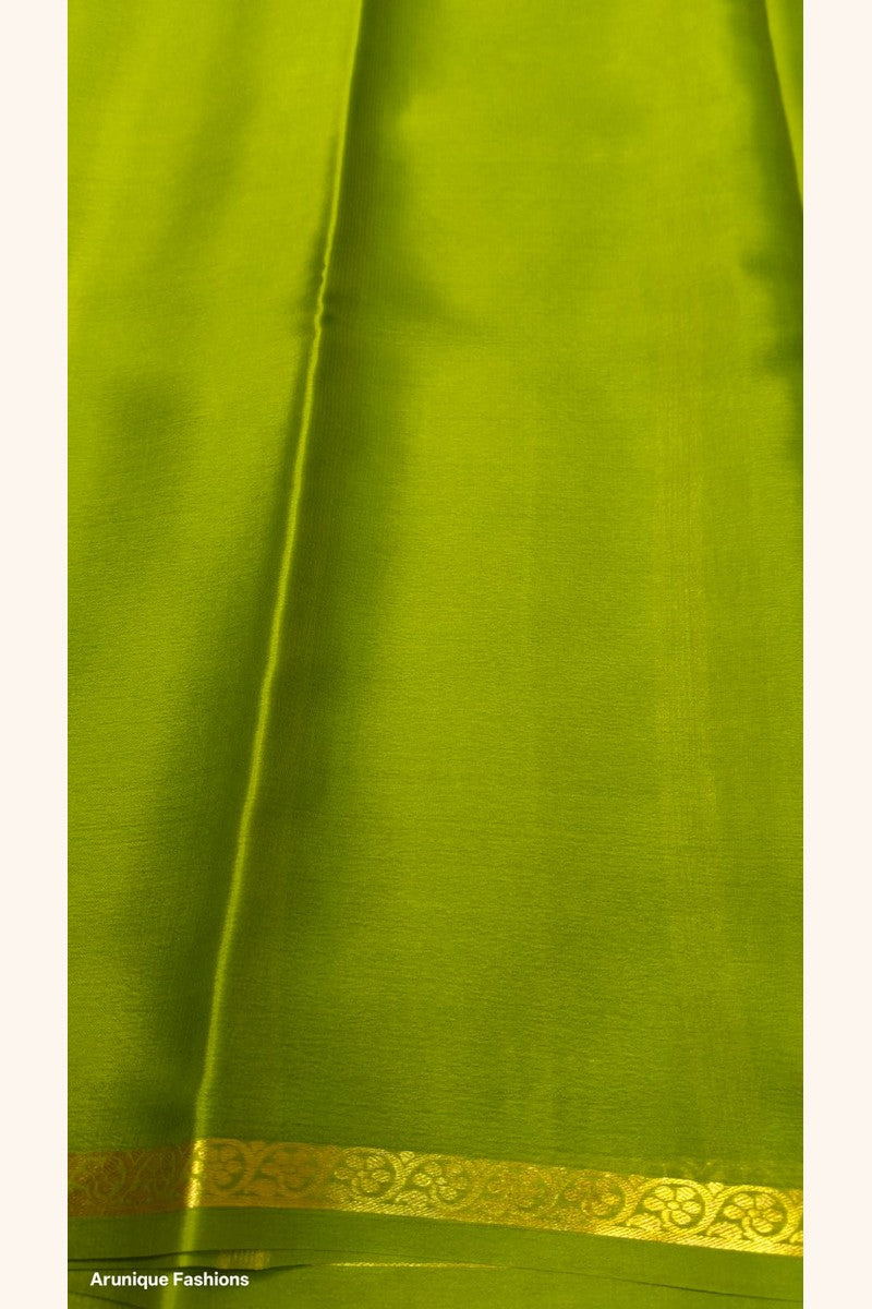 Pure Mysore Silk Saree lime green blouse piece with matching golden half inch floral zari border — Silk Mark certified