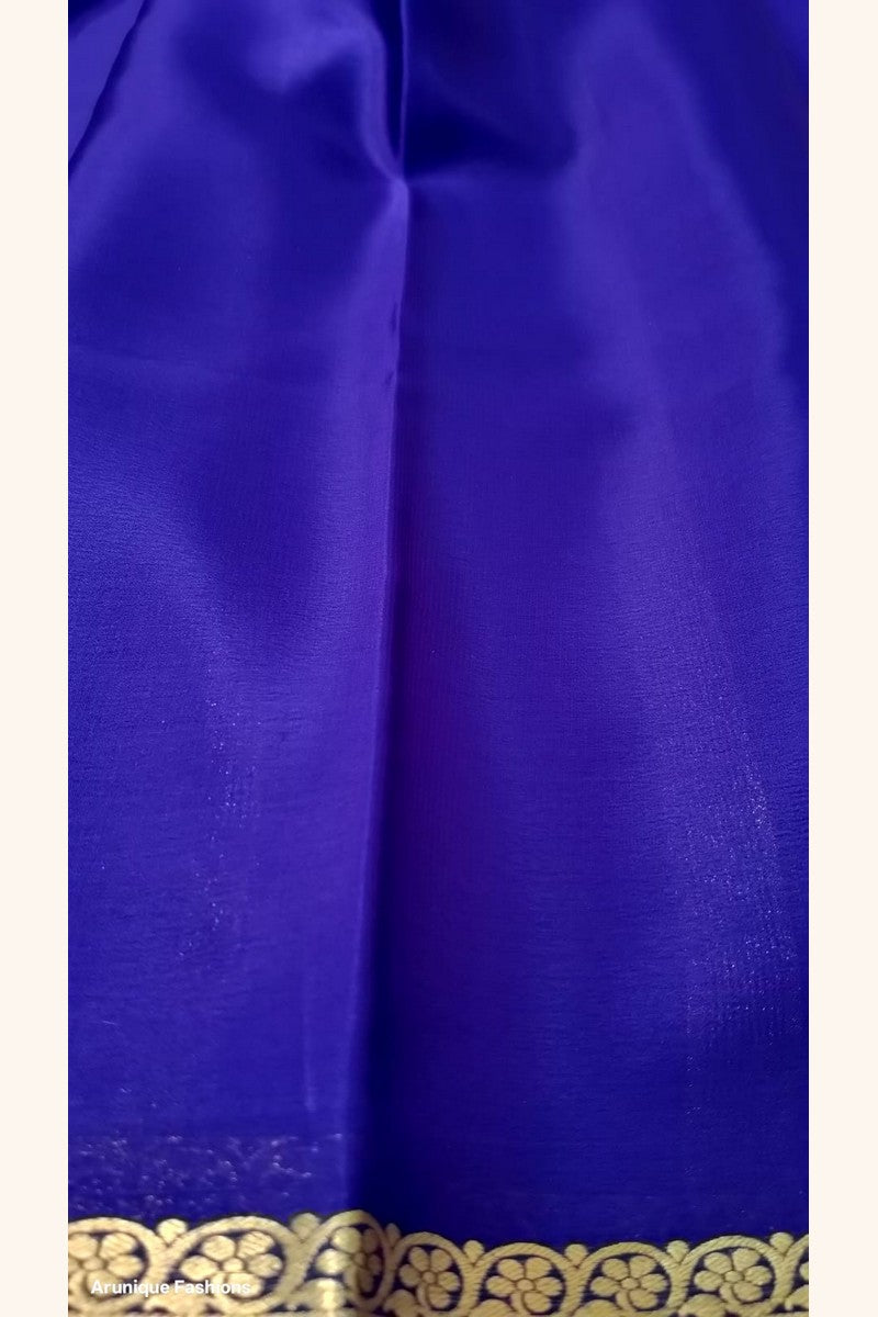 Pure Mysore Silk Saree purple blouse piece with matching golden half inch floral zari border — Silk Mark certified