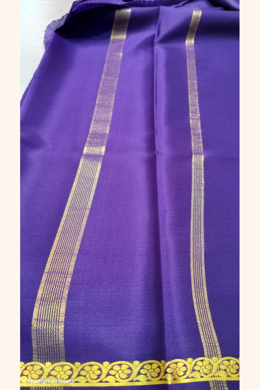 Pure Mysore Silk Saree purple pallu with golden zari stripes and floral paisley border — Silk Mark certified