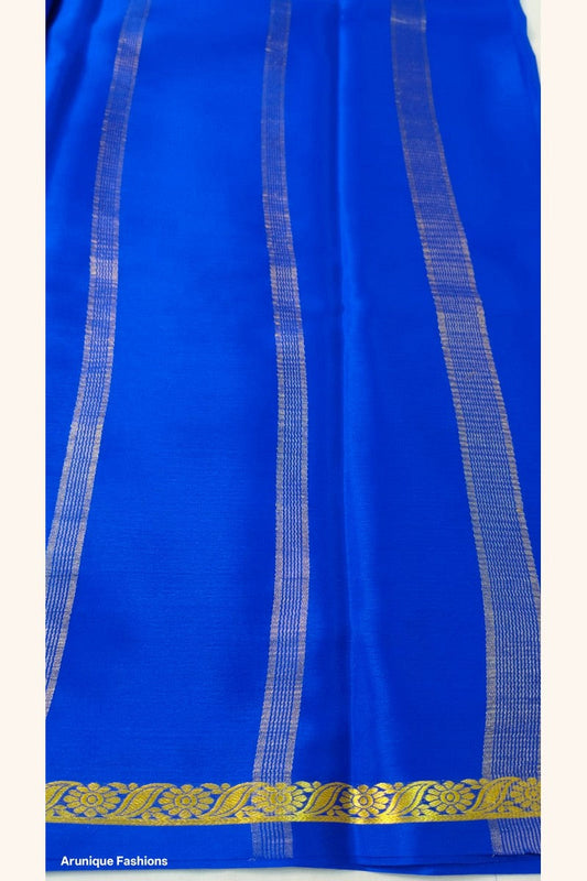 Pure Mysore Silk Saree royal blue pallu with golden zari stripes and intricate floral paisley border — Silk Mark certified