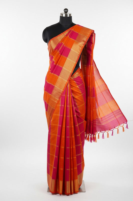 Orange and Pink Checks with Zari Mul Cotton Saree - Mannequin Display
