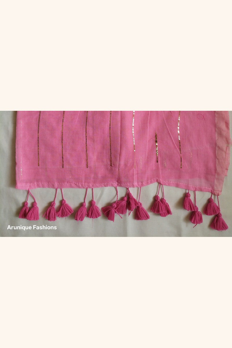Trendy pink sequin saree - close-up of sequin work and hand-tied pink tassels