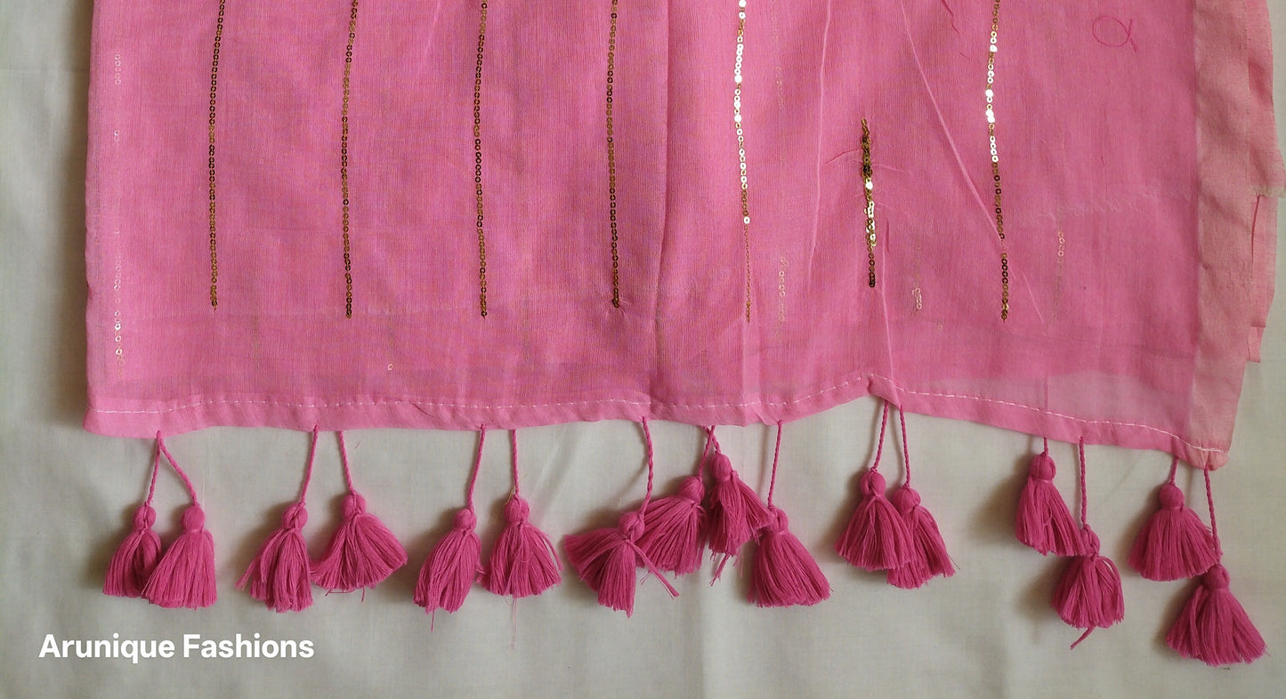 Trendy pink sequin saree - close-up of sequin work and hand-tied pink tassels