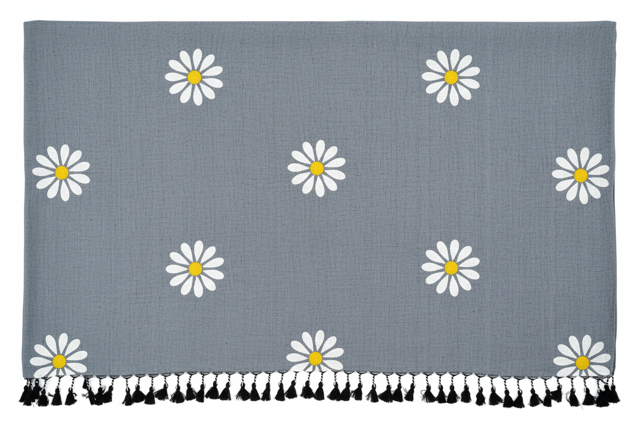 Grey Sunflower Print Khadi Cotton Saree - Close-up Fabric Texture with Block Print Pattern