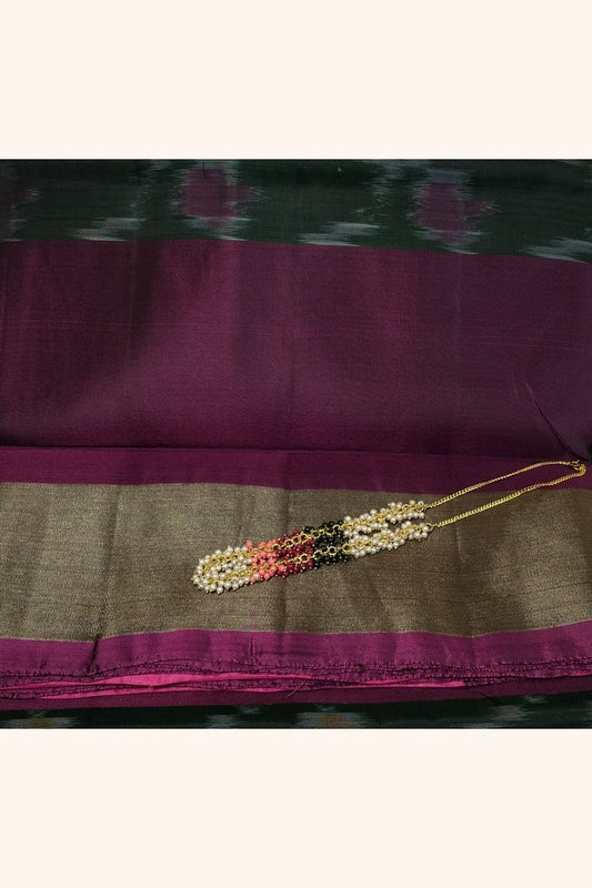 Dark Green and Pink Ikat Semi-Silk Saree - Border View