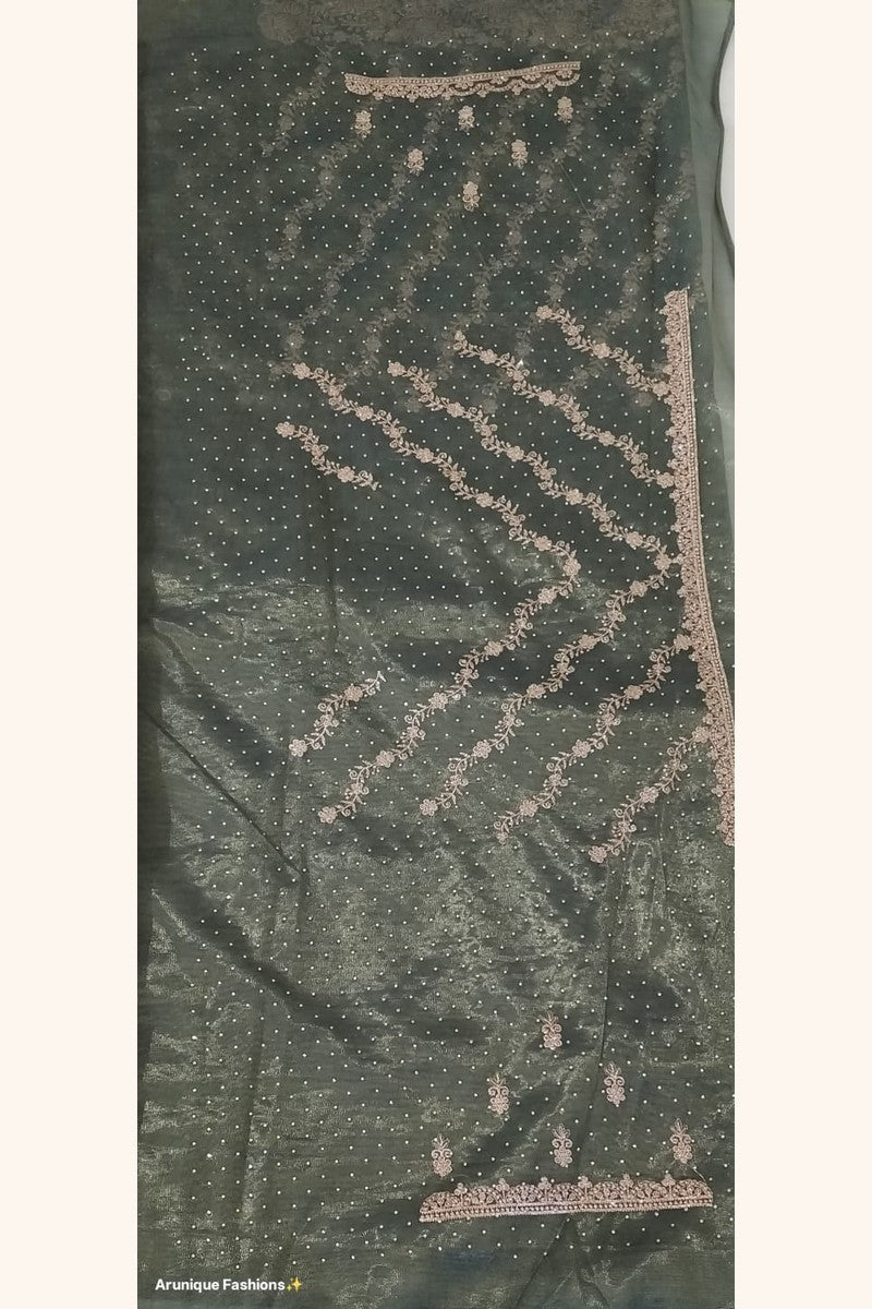 Dark olive green designer net saree - matching embroidered blouse piece