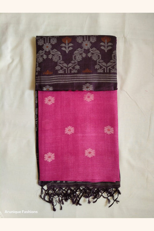 Deep plum ikat floral tree weave pallu of Pure Tussar Silk Saree with silver-lavender motifs, golden tulip accents and black knotted tassels