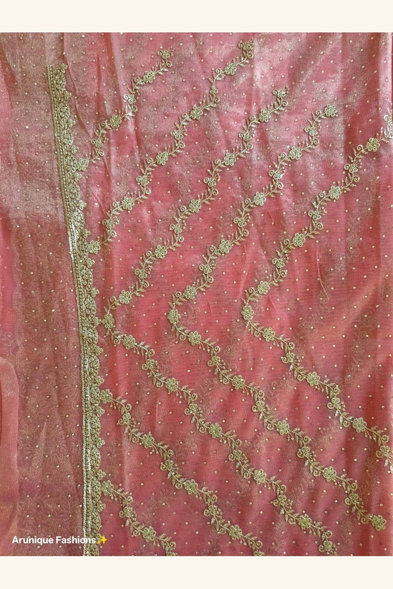 Dusty rose designer net saree blouse detail with heavy gold zari scalloped floral medallion embroidery – Arunique Fashions