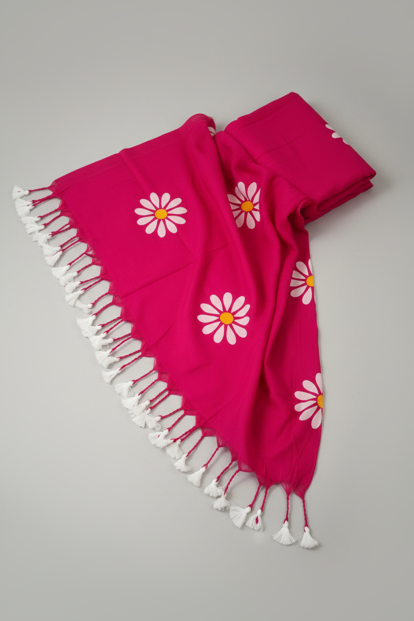 Hot Pink Sunflower Print Khadi Cotton Saree - Full View with White Tassels