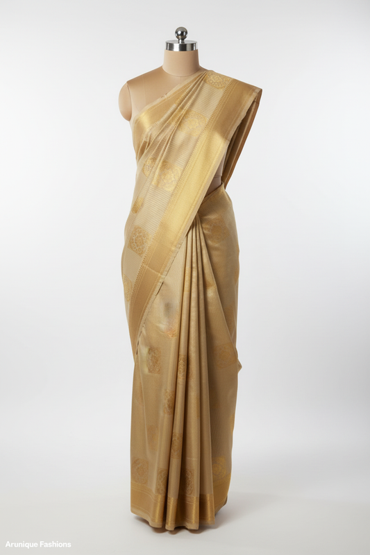 Light Golden Champagne Semi-Silk Saree - Mannequin Display