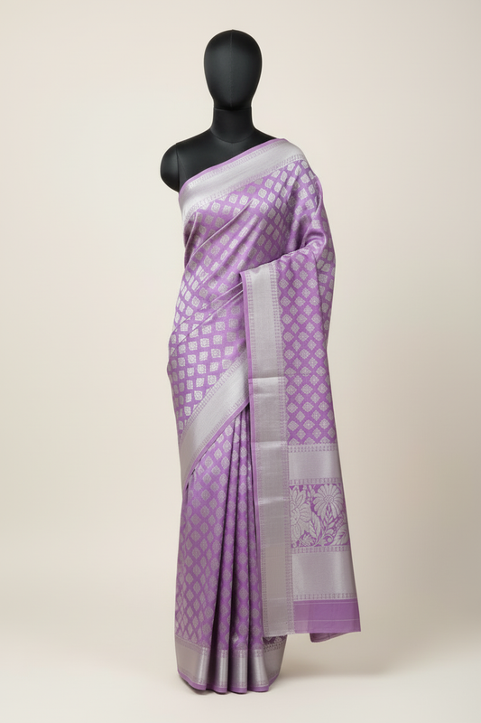 Lavender purple brocade saree on mannequin