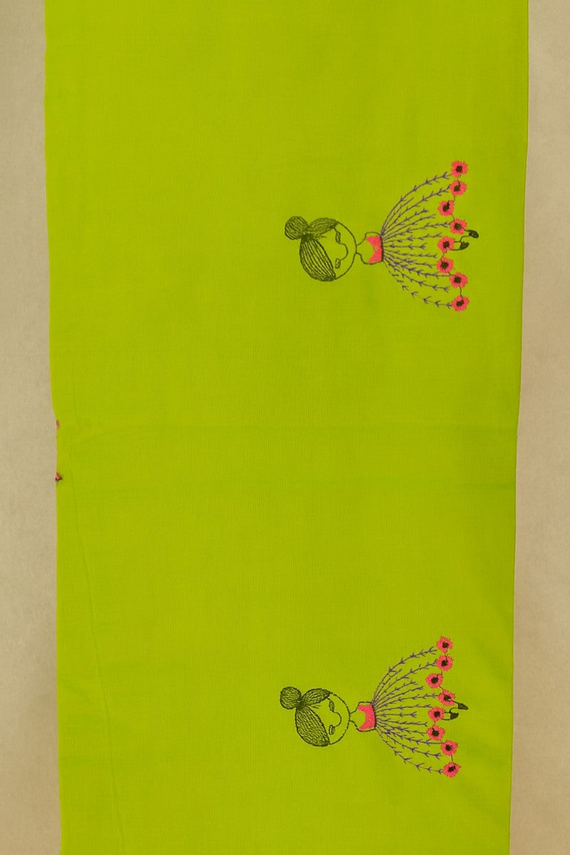 Close-up of embroidered baby doll motif fabric texture on lime green khadi