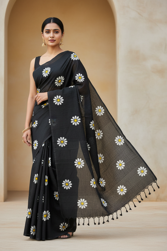 Black Sunflower Print Khadi Cotton Saree - Model Wearing Dark Charcoal Design