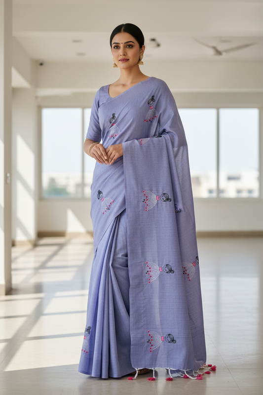 Pearl Grey Baby Doll Print Khadi Cotton Saree - Model Wearing Casual Design
