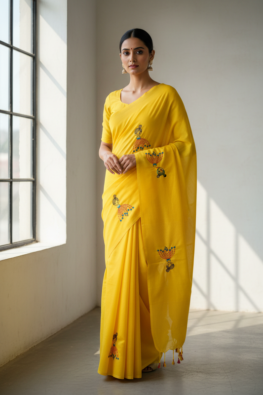 Yellow Baby Doll Print Khadi Cotton Saree - Model Wearing Casual Design