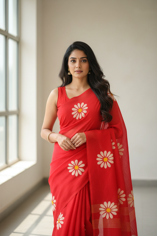 Red Sunflower Print Khadi Cotton Saree - Model Wearing with Sleeveless Blouse