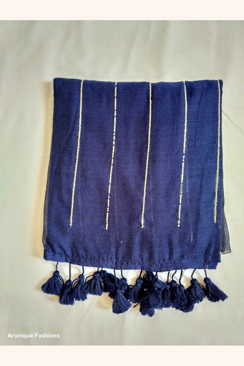Navy blue mul cotton saree with vertical sequin work - full pallu view with hand-tied navy blue tassels
