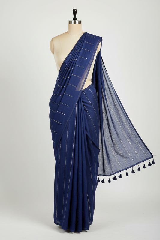 Navy blue sequin saree on white mannequin with consistent vertical sequin pattern