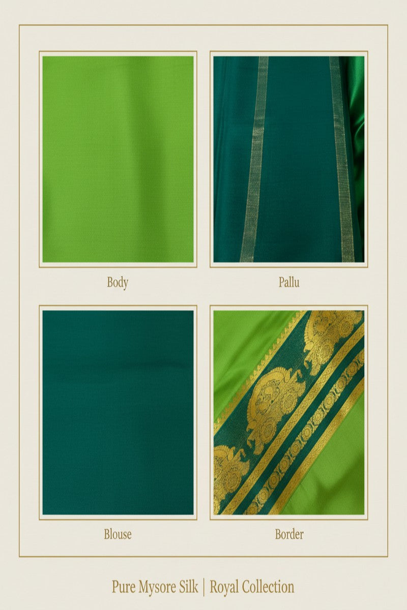 Pure Mysore Silk Saree Silk Mark Certified - Royal Collection Detail Card Parrot Green Body Border Pallu Blouse