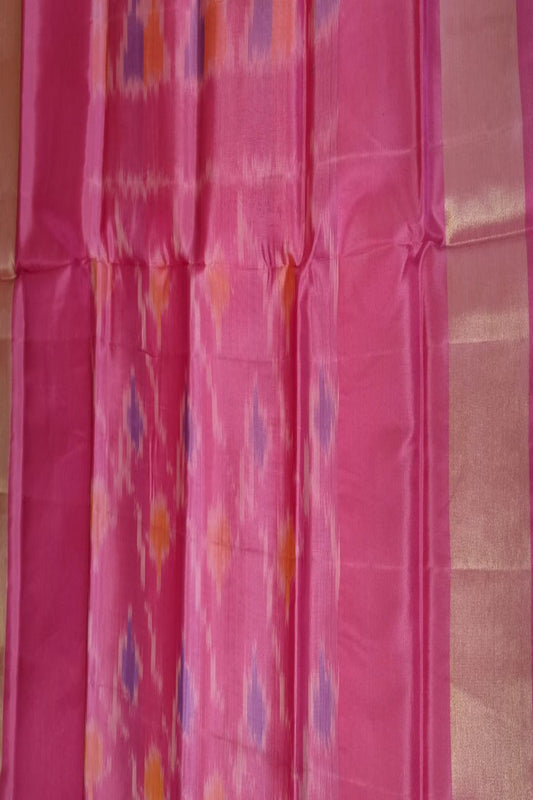 Pink & Orange Ikat Semi-Silk Saree - Pallu Close-up