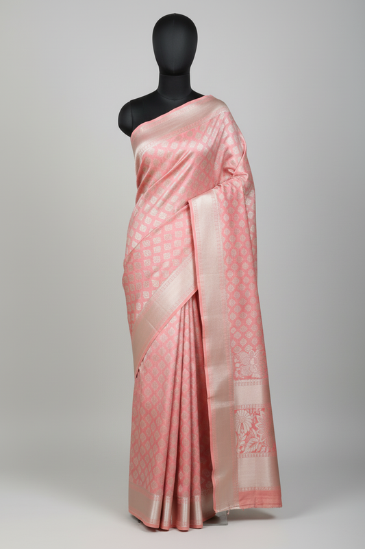 Pink brocade saree on mannequin