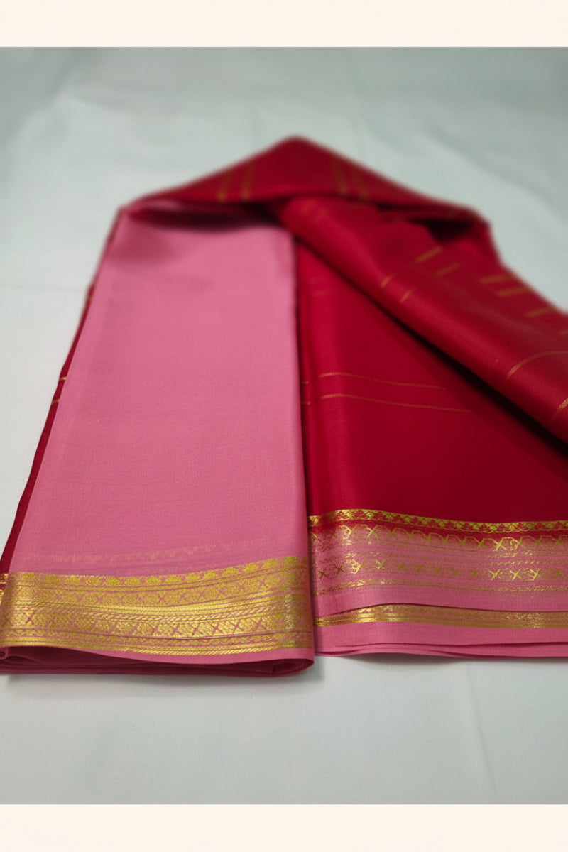Pure Mysore Silk Saree baby pink blouse piece with golden katti zari border – Silk Mark certified, pure mulberry silk