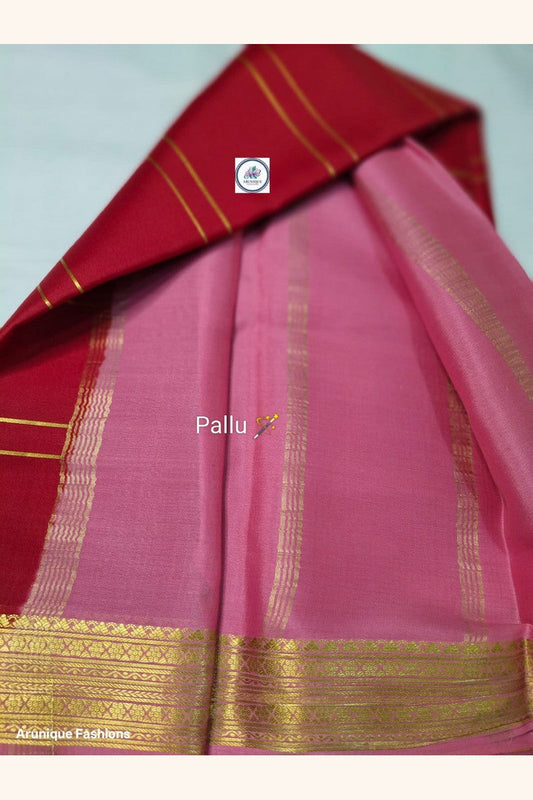 Pure Mysore Silk Saree baby pink pallu with intricate golden katti zari border – Silk Mark certified