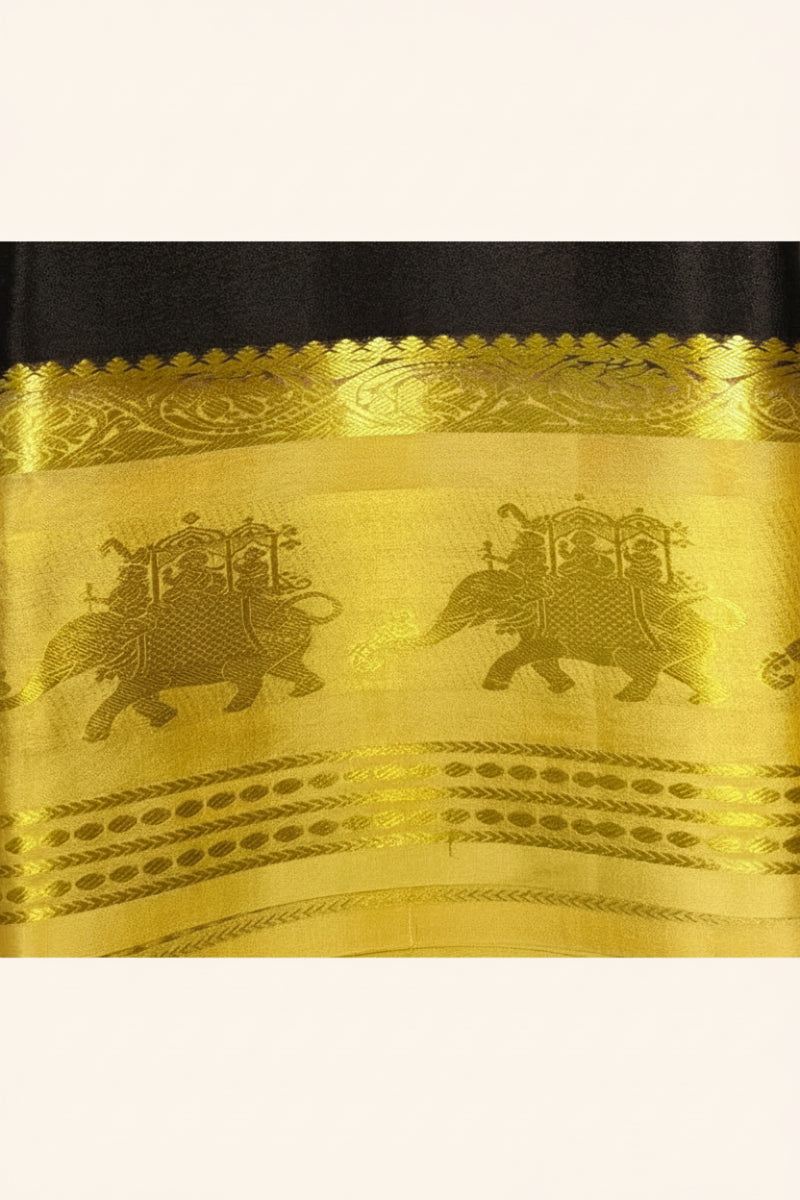 Close-up of Mysore Silk Saree Ambari border — Cream Gold with golden zari elephant and ceremonial procession motif
