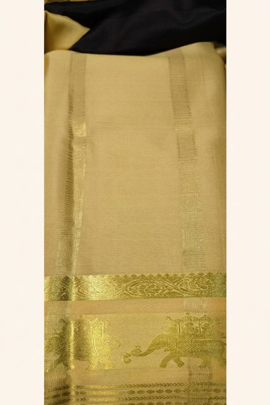 Pure Mysore Silk Saree Pallu — Cream Gold with golden zari Ambari elephant motif and zari stripe detailing