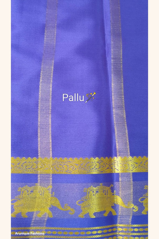 Pure Mysore Silk Saree Pallu — Royal Blue with golden zari Ambari elephant motif and zari stripe detailing