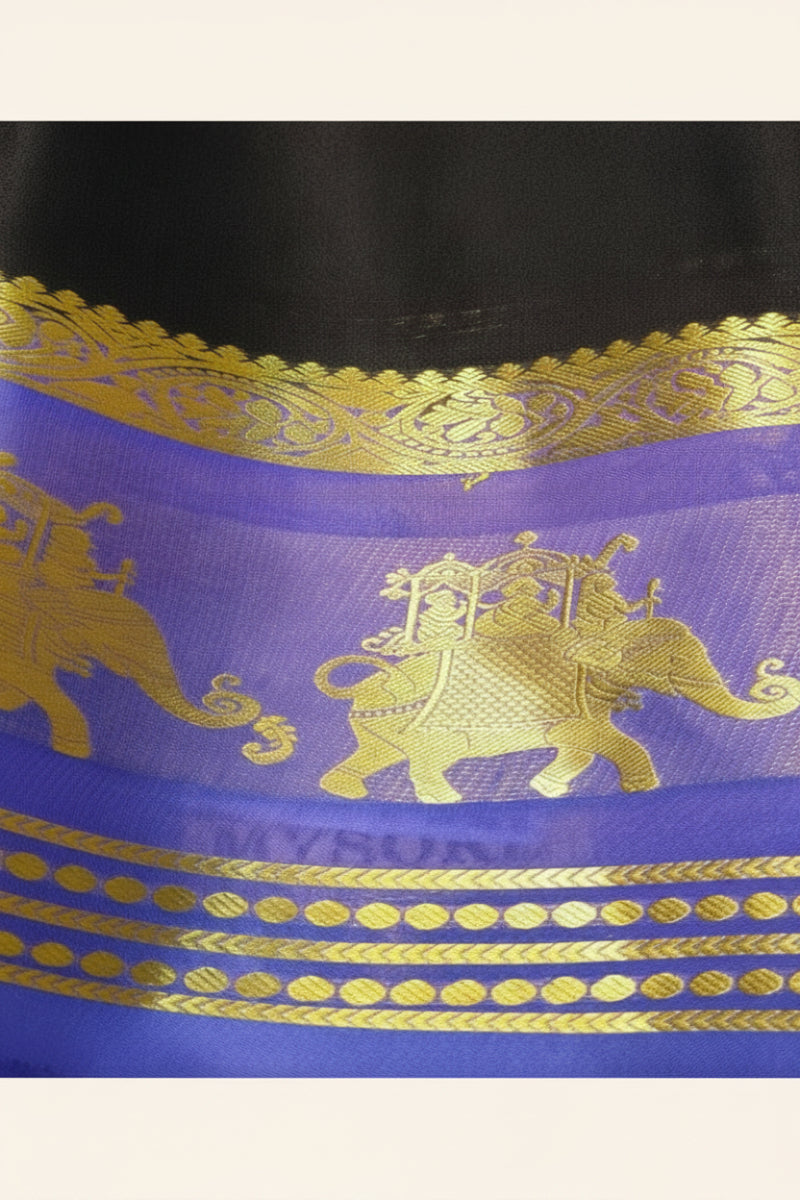 Close-up of Mysore Silk Saree Ambari border — Royal Blue with intricate golden zari elephant and ceremonial procession motif