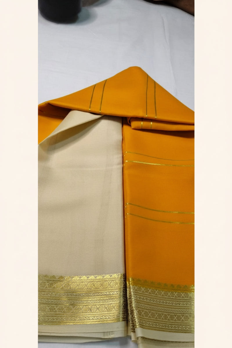 Pure Mysore Silk Saree cream blouse piece with golden katti zari border – Silk Mark certified, pure mulberry silk