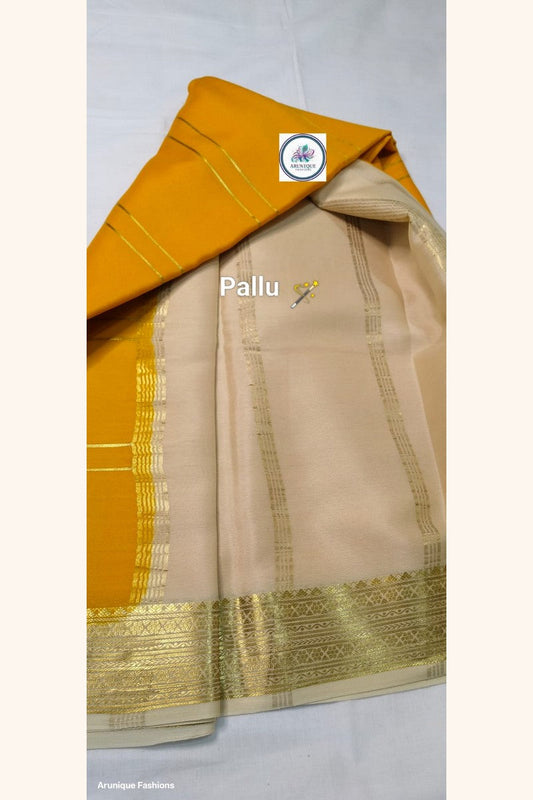 Pure Mysore Silk Saree cream pallu with intricate golden katti zari border – Silk Mark certified Mysore silk