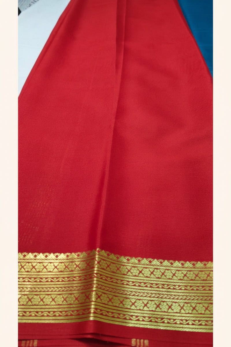 Pure Mysore Silk Saree crimson red blouse piece with golden katti zari border – Silk Mark certified, pure mulberry silk