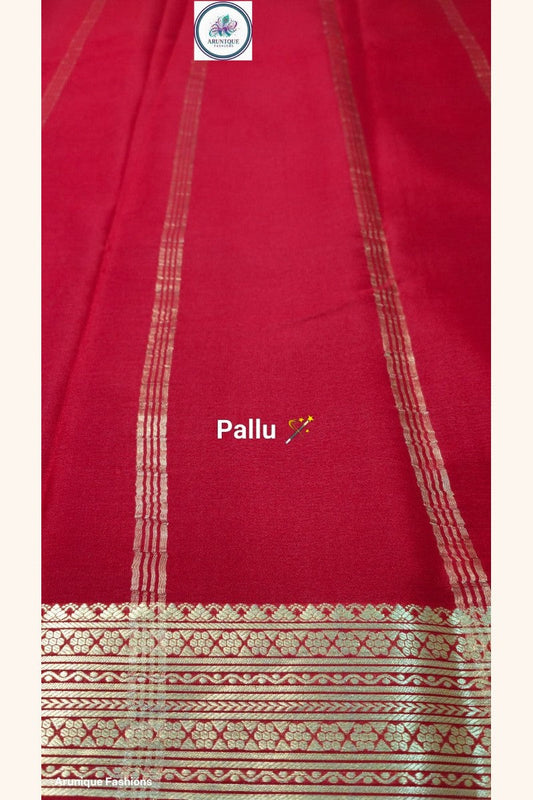 Pure Mysore Silk Saree crimson red pallu with intricate golden katti zari border – Silk Mark certified