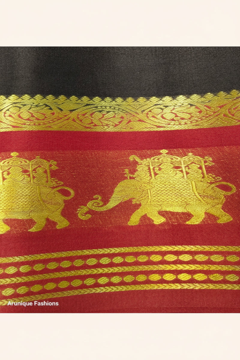 Close-up of Mysore Silk Saree Ambari border — Red with intricate golden zari Ambari and ceremonial procession motif