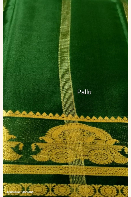 Pure Mysore Silk Saree Silk Mark Certified - Dark Green Pallu with Golden Zari Stripe and Throne Motif