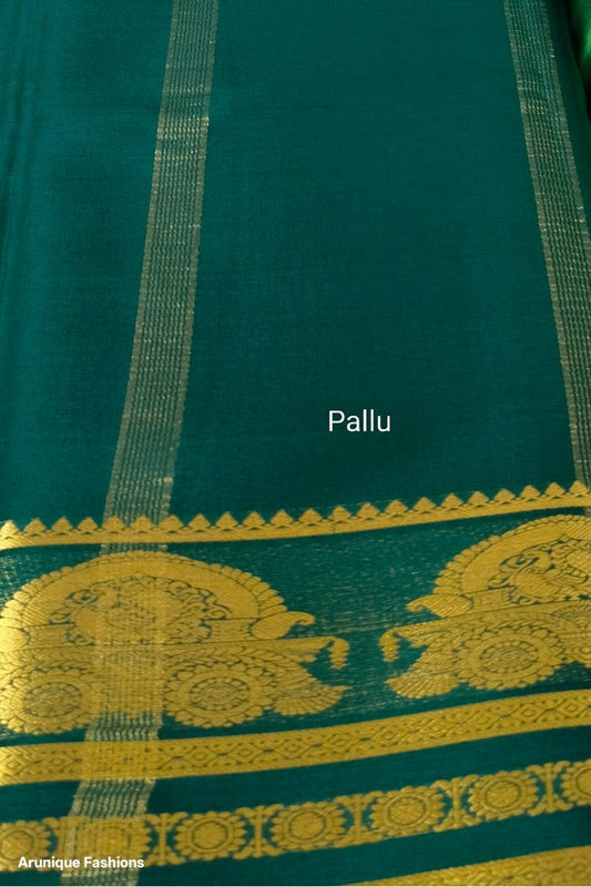 Pure Mysore Silk Saree Silk Mark Certified - Dark Teal Pallu with Golden Zari Stripe and Maharaja Throne Motif