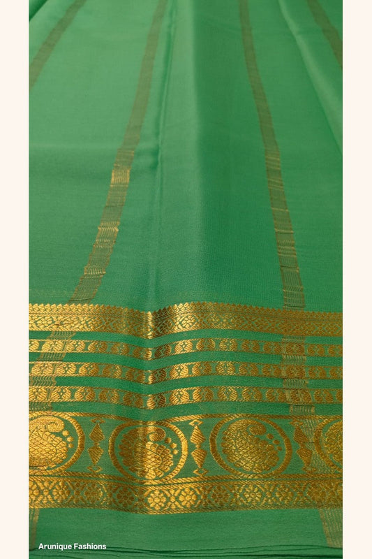 Pure Mysore Silk Saree jade green pallu with ornate golden peacock medallion zari border – Silk Mark certified, 120 GSM