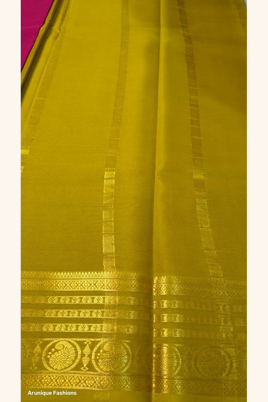 Pure Mysore Silk Saree mustard yellow pallu with ornate golden peacock medallion zari border – Silk Mark certified, 120 GSM