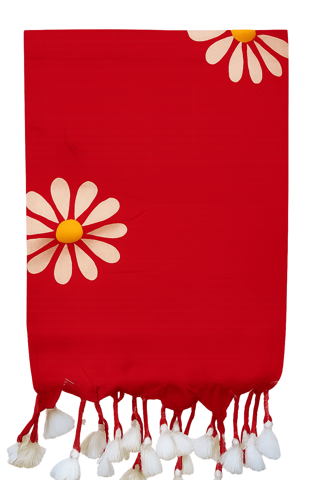 Red Sunflower Print Khadi Cotton Saree - Close-up Fabric Texture