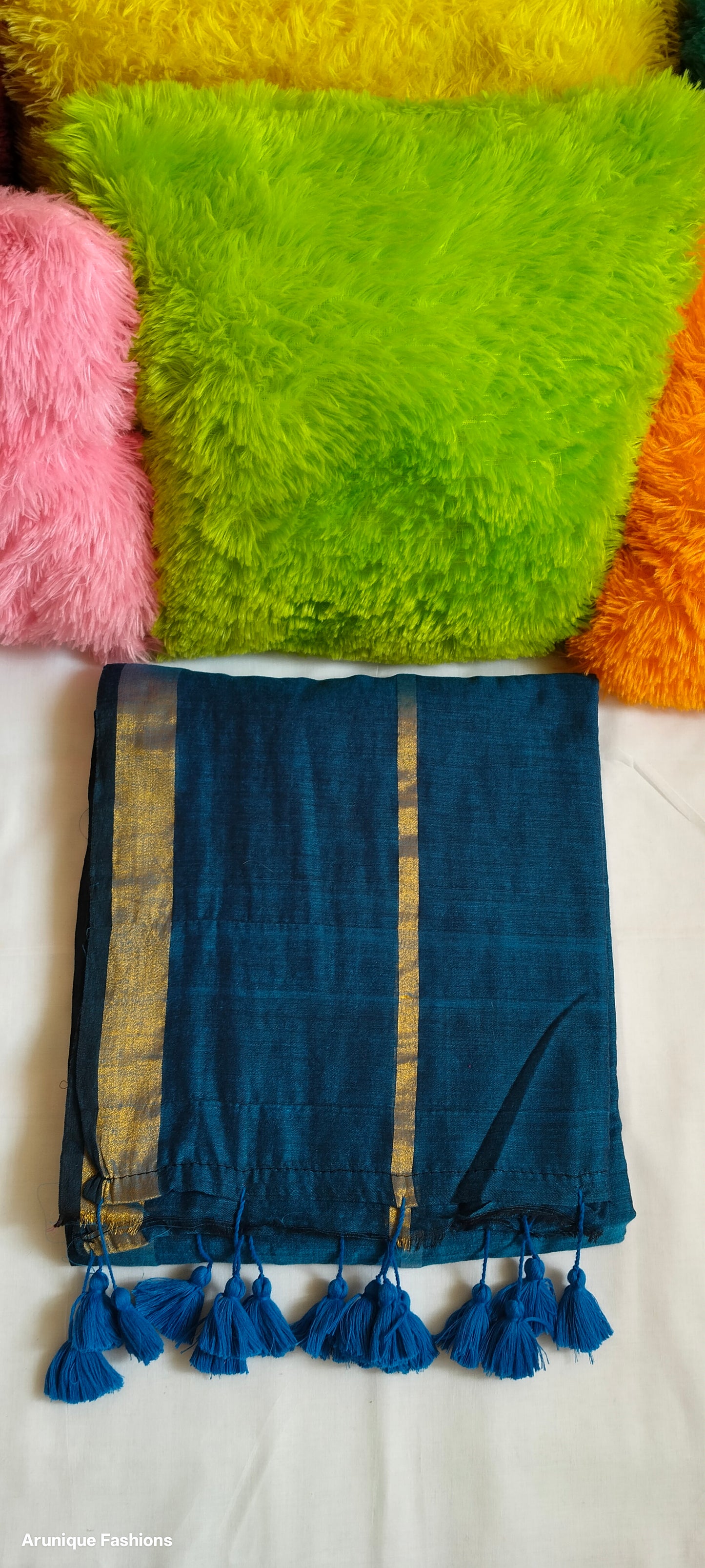 Royal blue mul cotton saree with double golden zari work - fabric detail and traditional borders